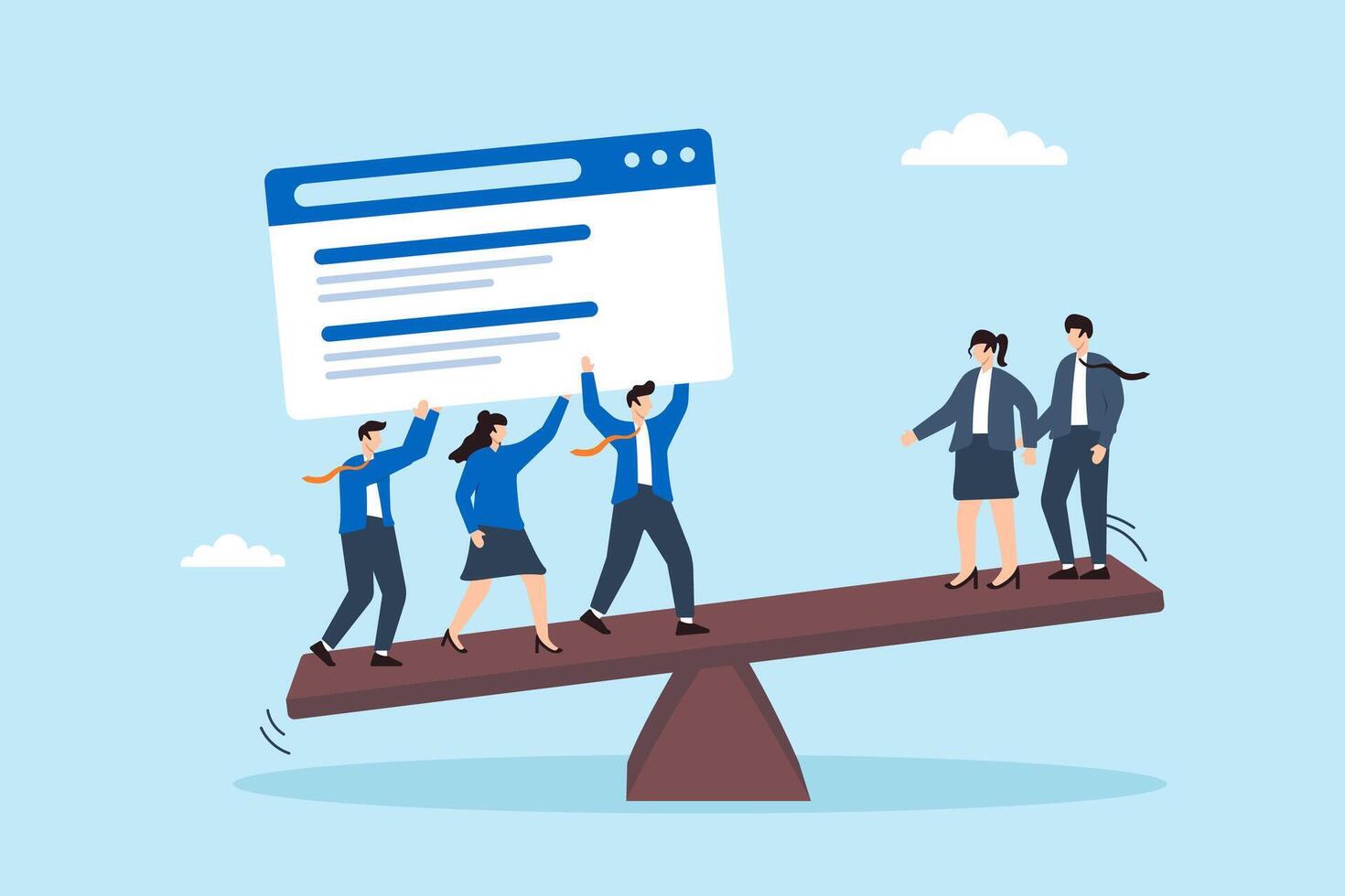 Flat illustration of business marketing team lifting large website page on seesaw to outweigh competitors in search engine ranking vector