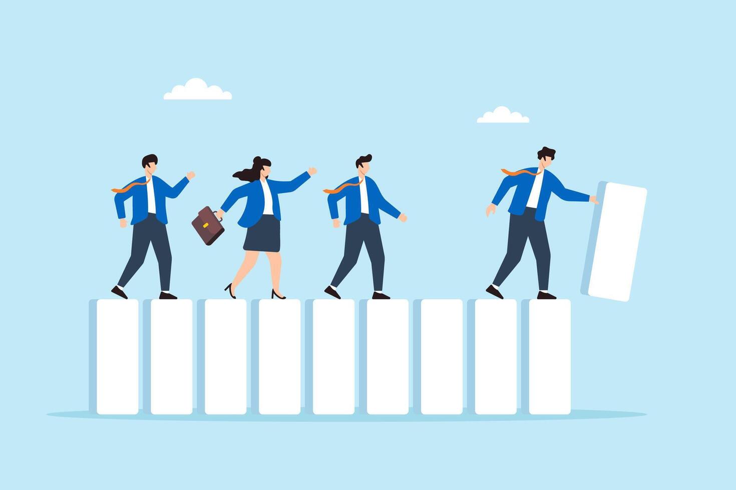 Flat illustration of business leader placing domino tiles to build workflow path while team follows vector