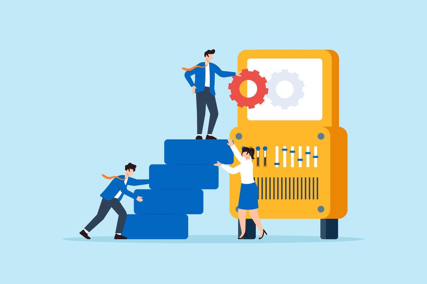 Flat illustration of business leader inserting gear into productivity machine with team support for innovation vector