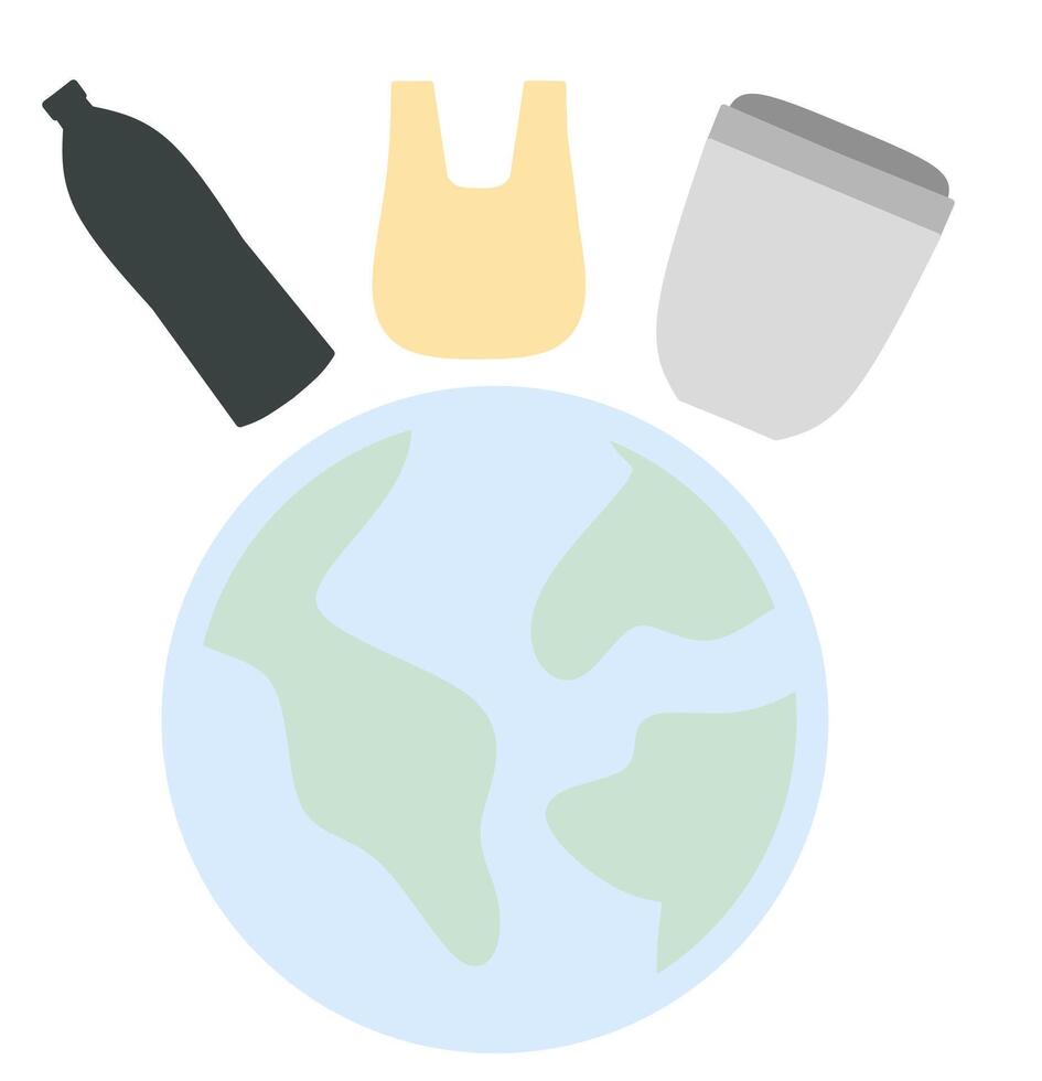 Flat illustration of Earth overwhelmed by plastic waste. Environmental awareness design highlighting pollution and the impact of human consumption. vector