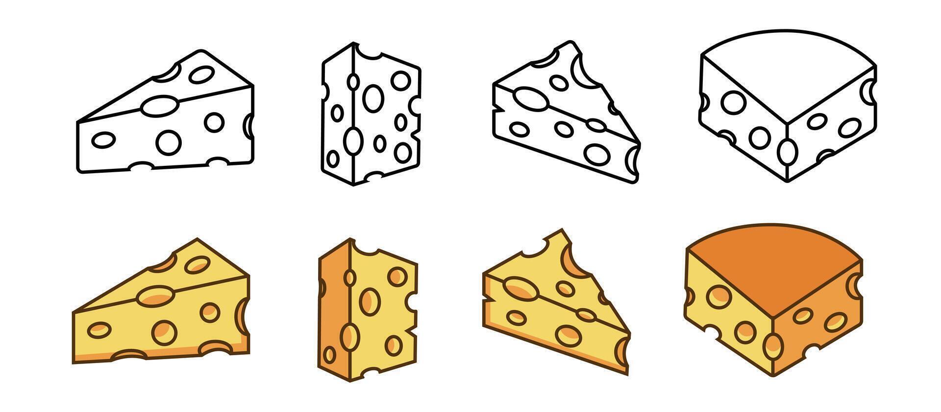 Cheese icon set featuring six different types of cheese perfect for food blogs, menus, or culinary designs needing a tasty touch. illustration vector