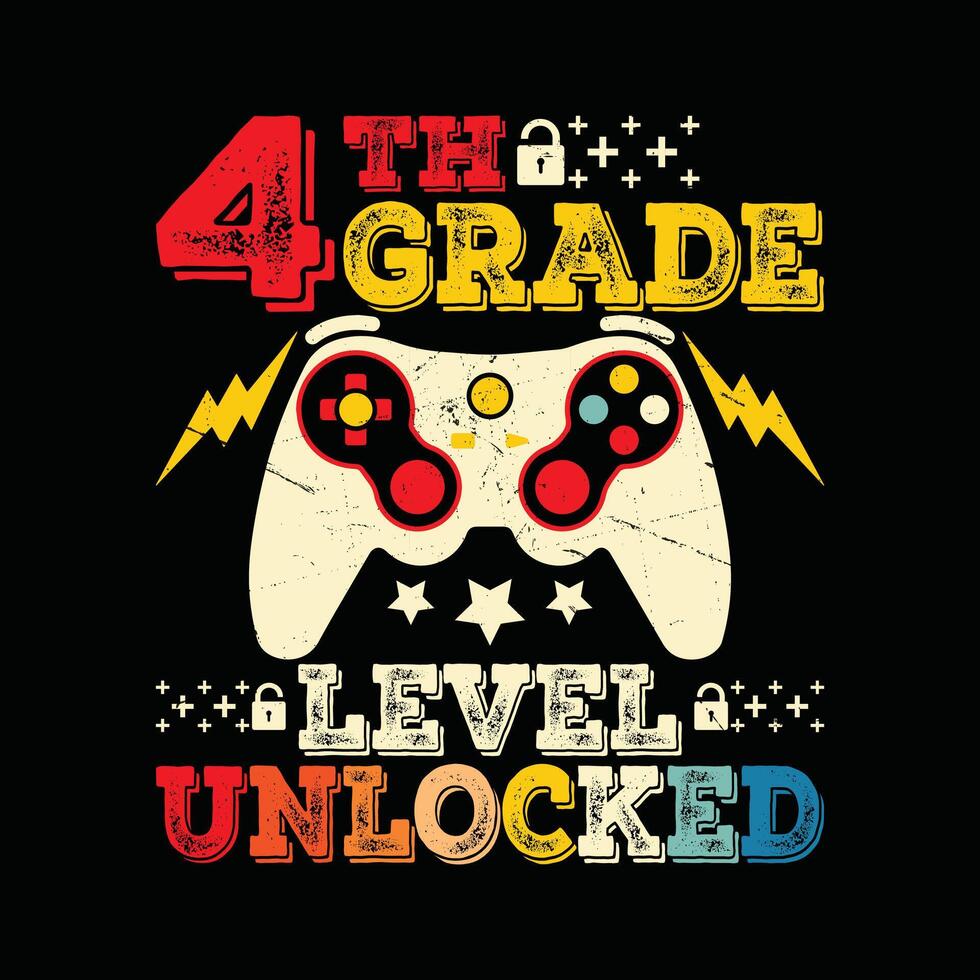 4th Grade Level Unlocked Design Funny Gaming Milestone Art for Kids Merch and tT-shirt Design vector