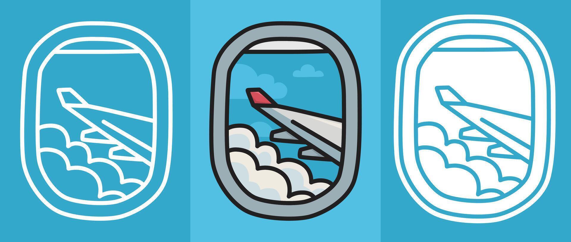 Cartoon airplane window view sticker with wing and clouds vector