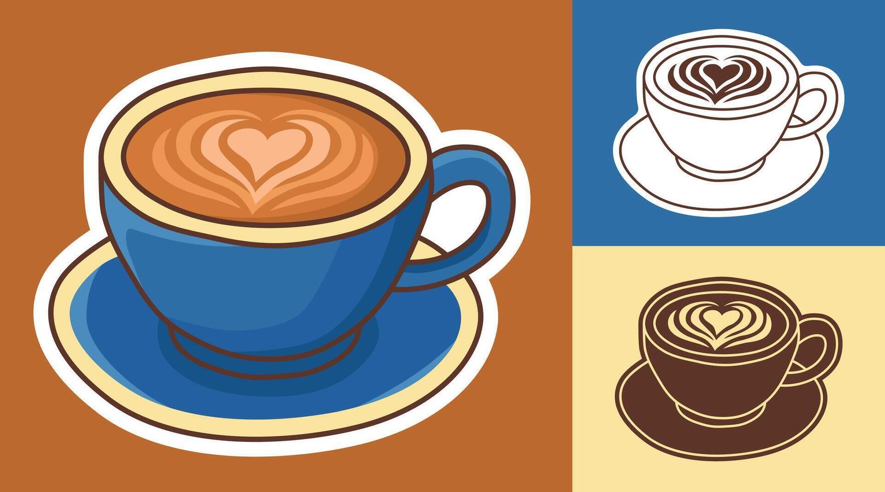 Cartoon coffee cup sticker with latte art design vector