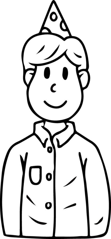 Cartoon boy in party hat smiling in buttoned shirt line art vector