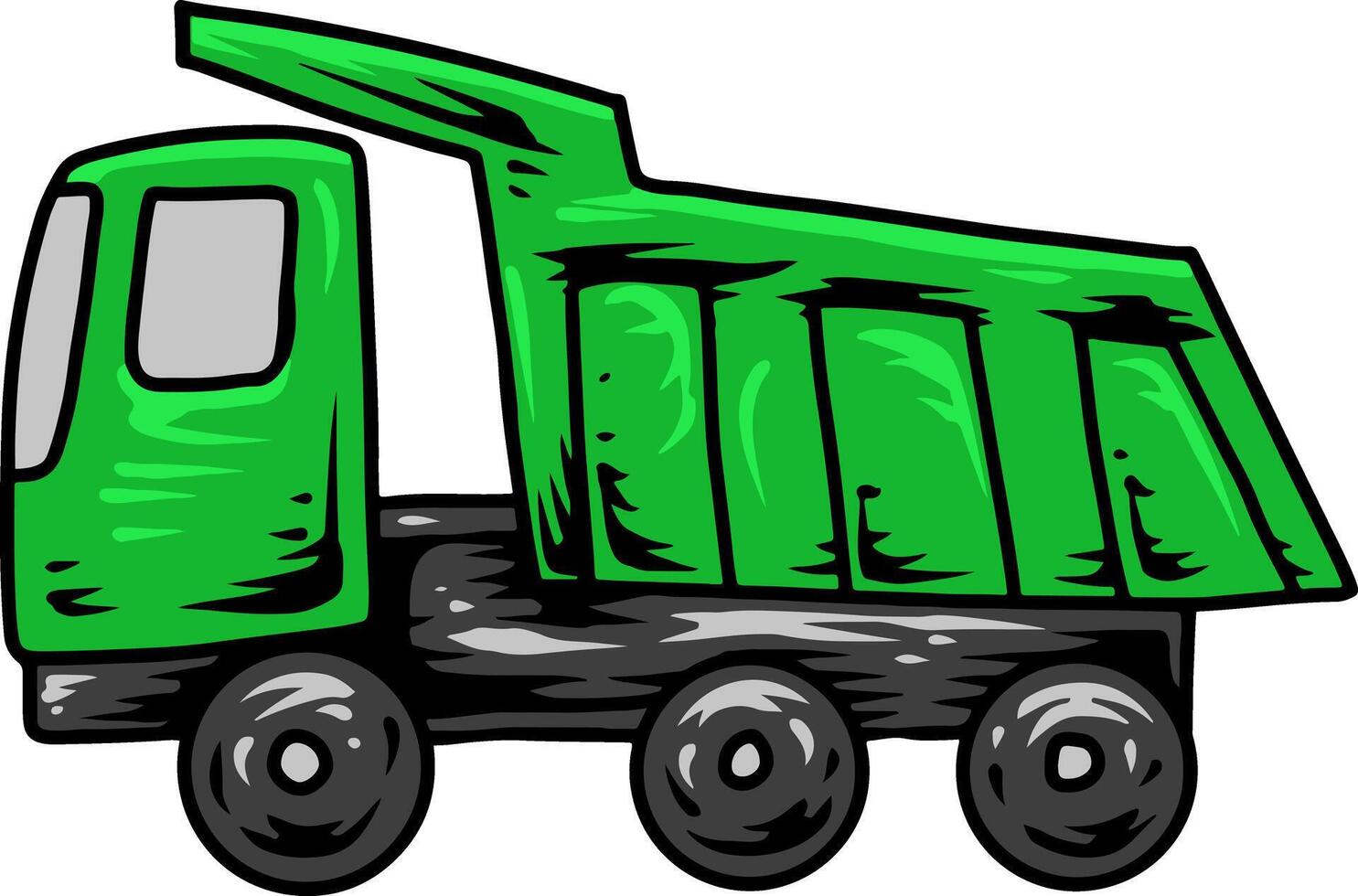 Green cartoon dump truck side view with raised bed vector