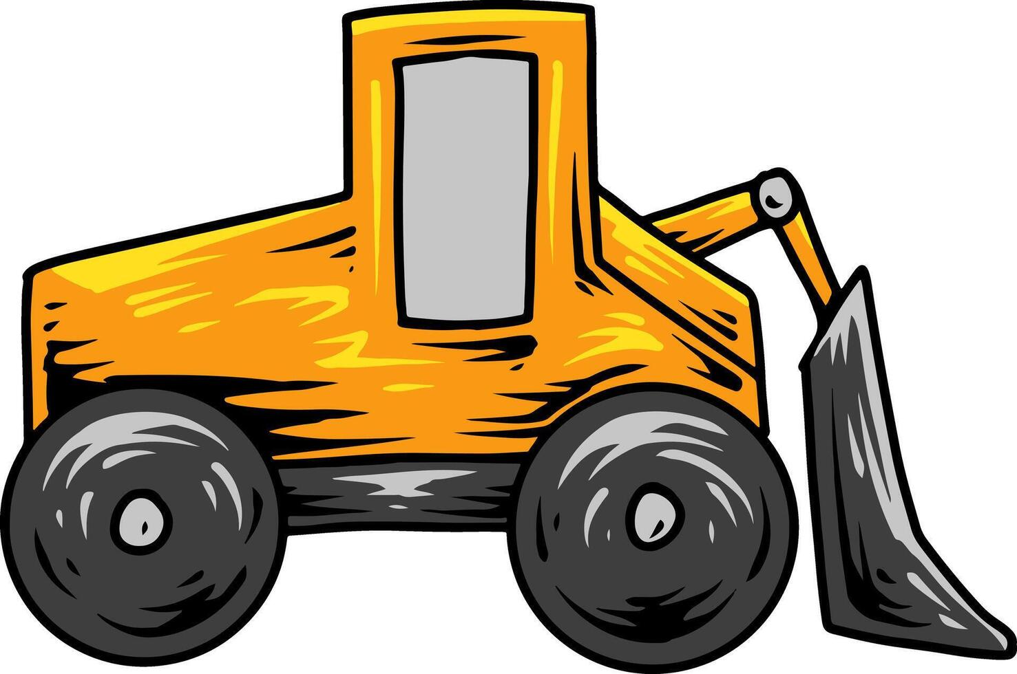 Cartoon orange bulldozer with angled front blade side view vector