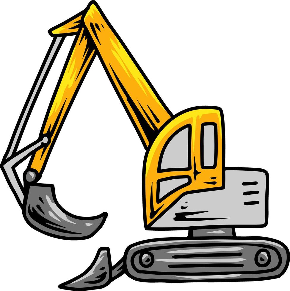 Cartoon excavator with long arm and bucket on tracks vector