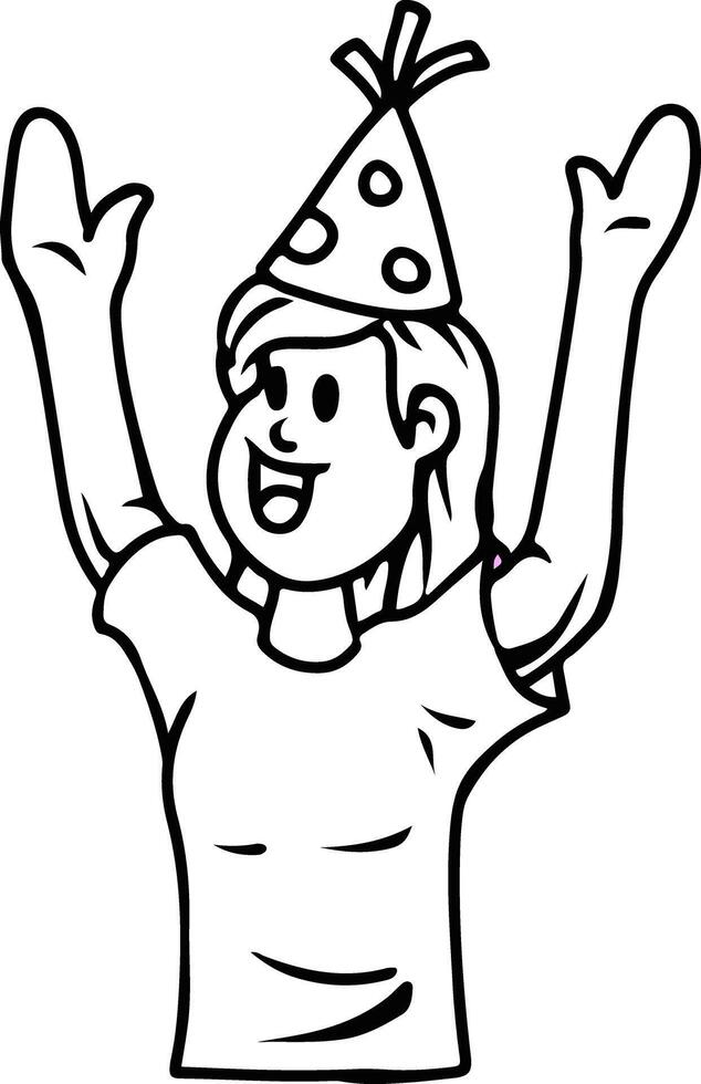 Happy kid raising hands wearing birthday hat line art illustration vector