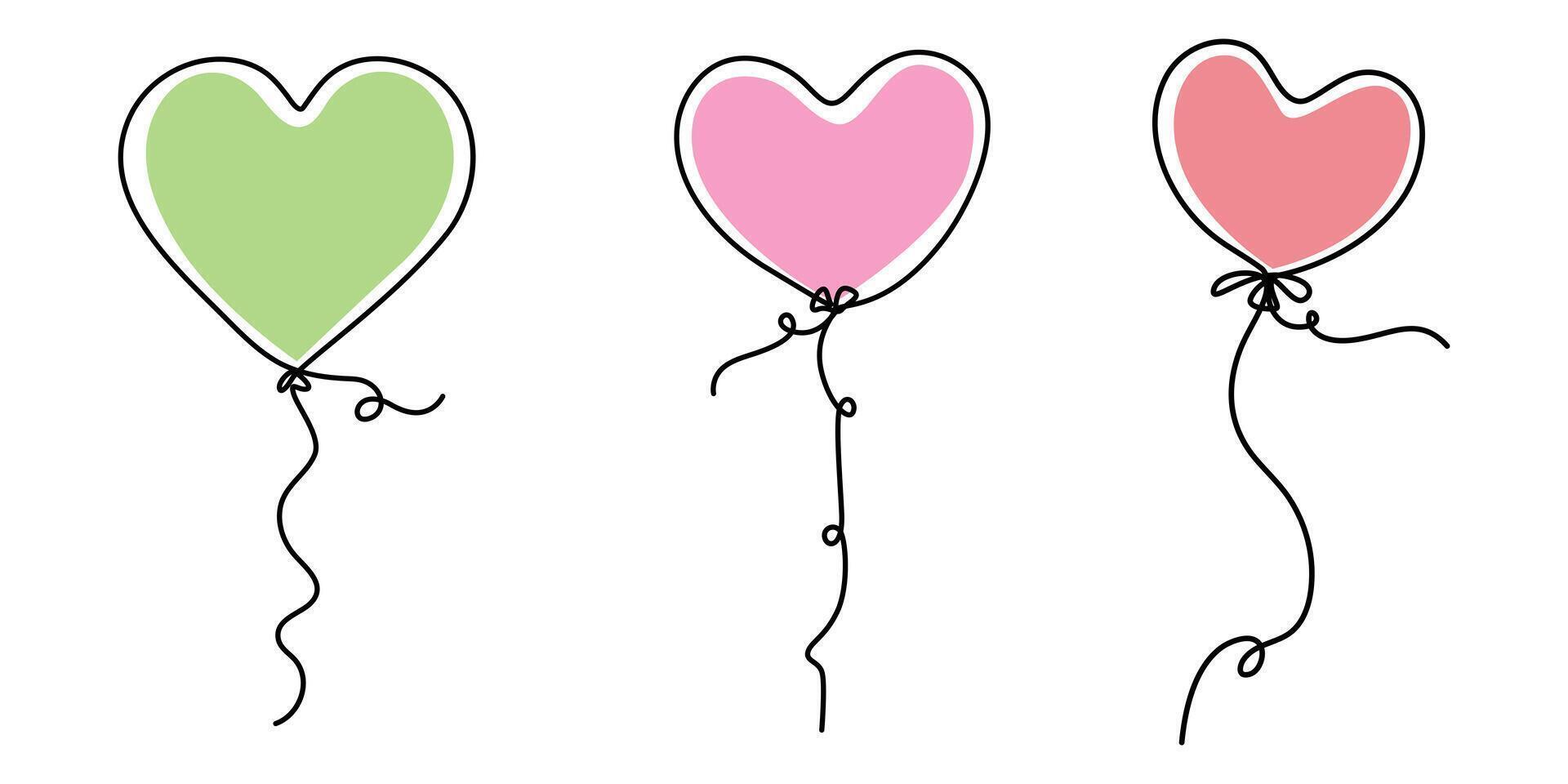 Heart balloons drawing with one continuous line. Cute symbol love vector