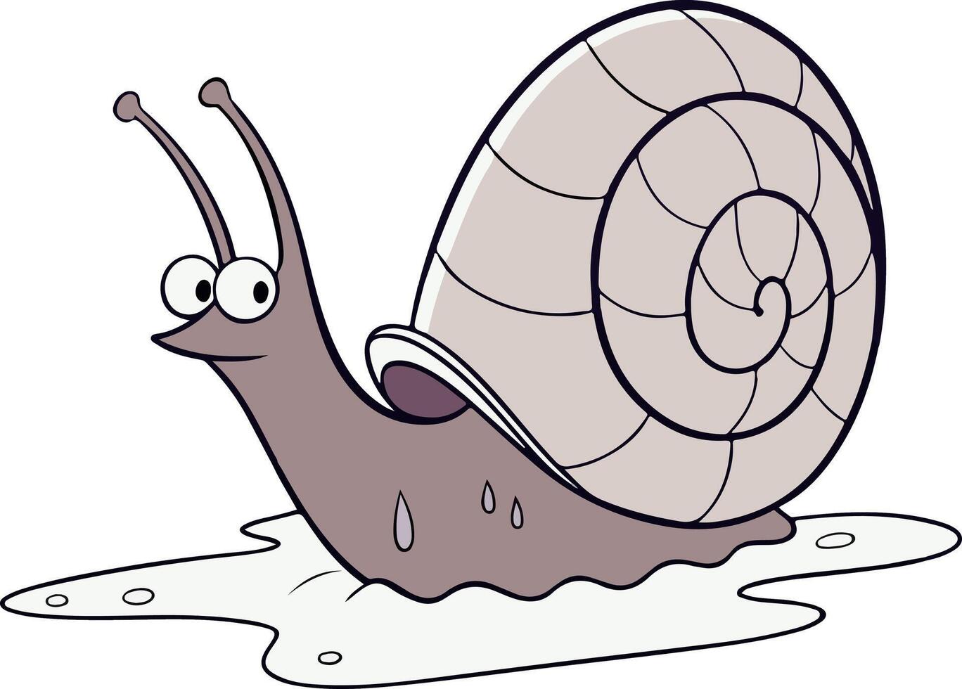 Cartoon-style snail crawling under rain with puddles and drops in a soft color scheme vector