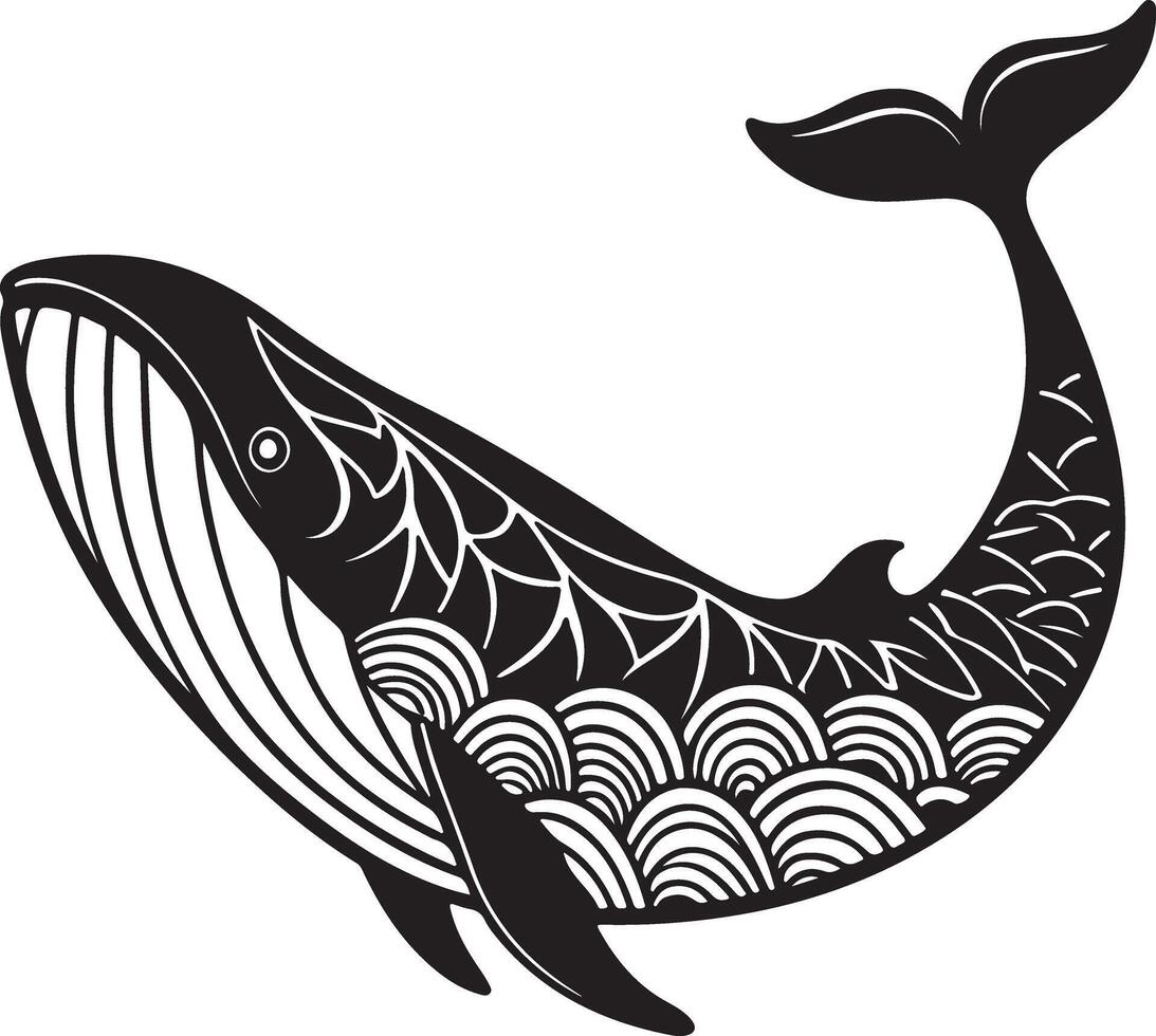 Whale in Motion with Textured Ocean Wave Silhouette vector