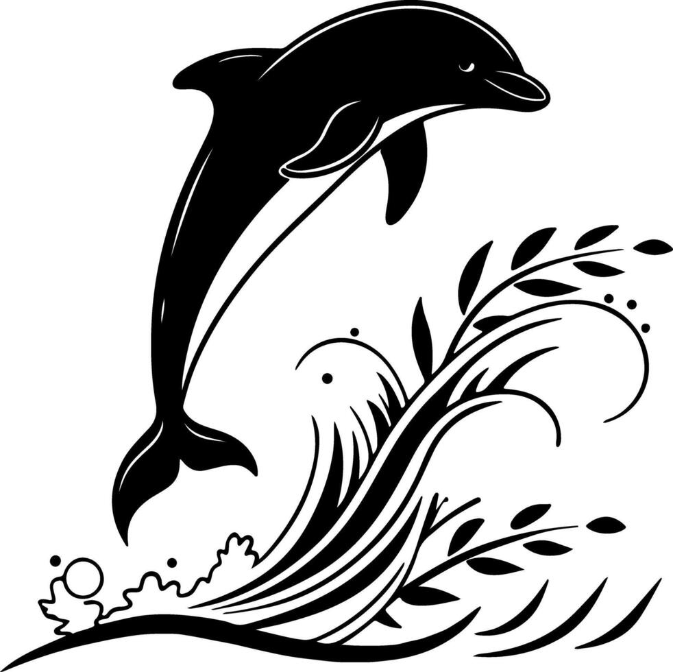 Dolphin Jumping Through Waves in Silhouette Style vector