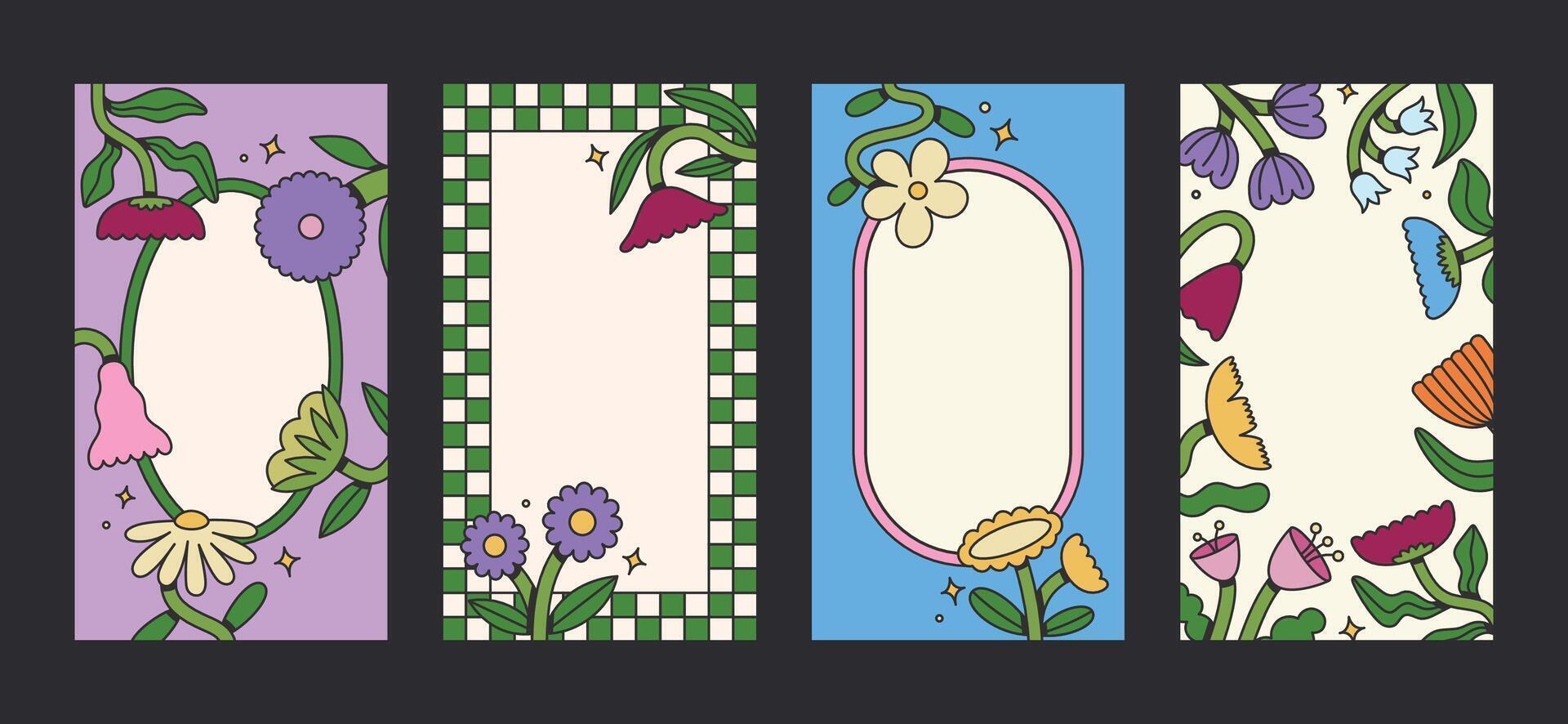 Stories template with stylized floral elements. Groovy flat design, colorful posters. Rewilding retro design vector