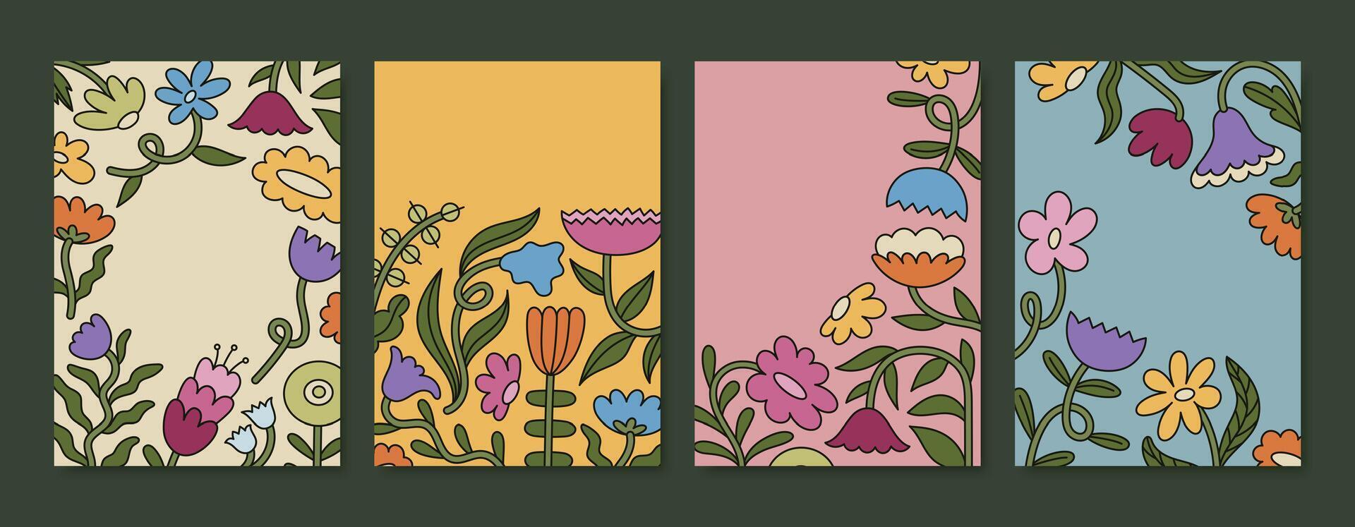 Poster templates of groovy floral elements with bold outlines and flat colors. Retro folk flower design. vector