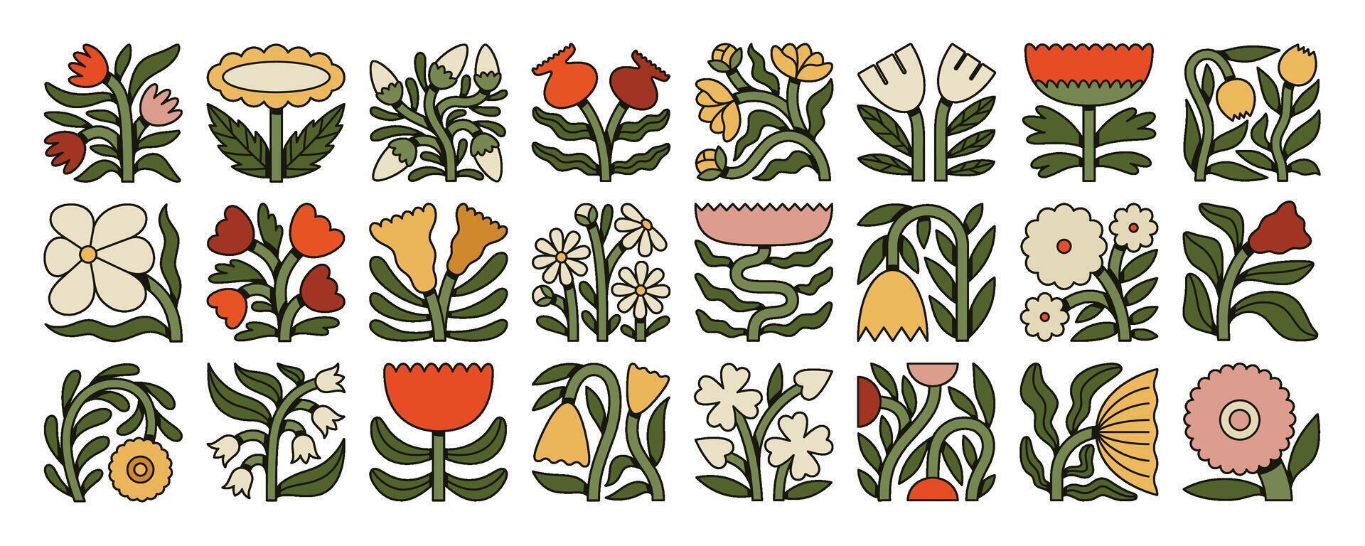 Set of stylized floral icons with bold outlines and flat colors. Retro folk flower collection in red, yellow, and white on beige. Perfect for prints and patterns. vector