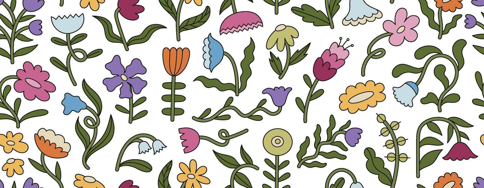 Seamless pattern of groovy floral elements with bold outlines and flat colors. Retro folk flower design vector