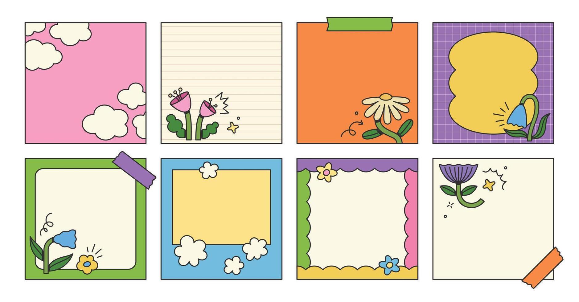 Post templates with stylized floral elements and sticker notes. Groovy flat design, colorful posters. Rewilding retro design vector