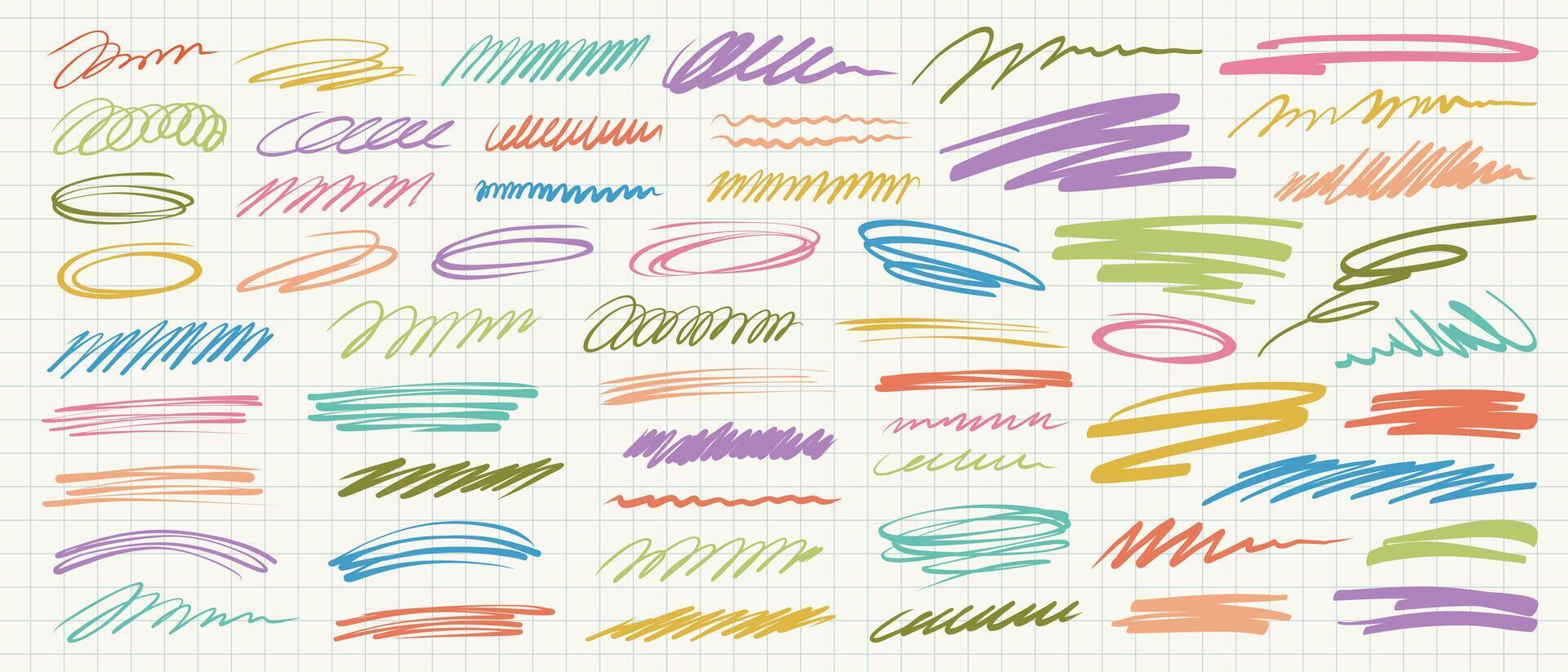 Colorful squiggle strokes and scribbles on grid background. A set of hand-drawn lines, swirls, waves and underlines for highlights, accents or notes vector