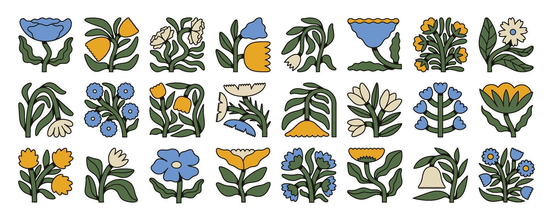 Set of stylized floral icons with bold outlines and flat colors. Retro folk flower collection in yellow, blue, and white on beige. Perfect for prints and patterns vector