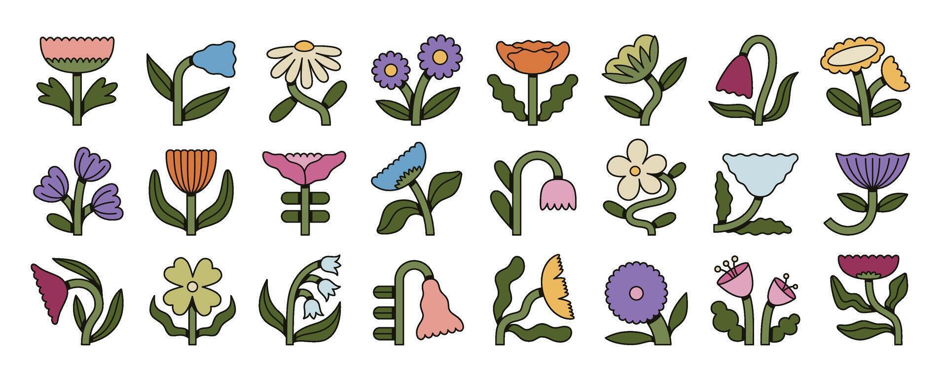 Set of groovy floral icons with bold outlines and flat colors. Retro folk flower collection. Perfect for prints, stickers and patterns vector