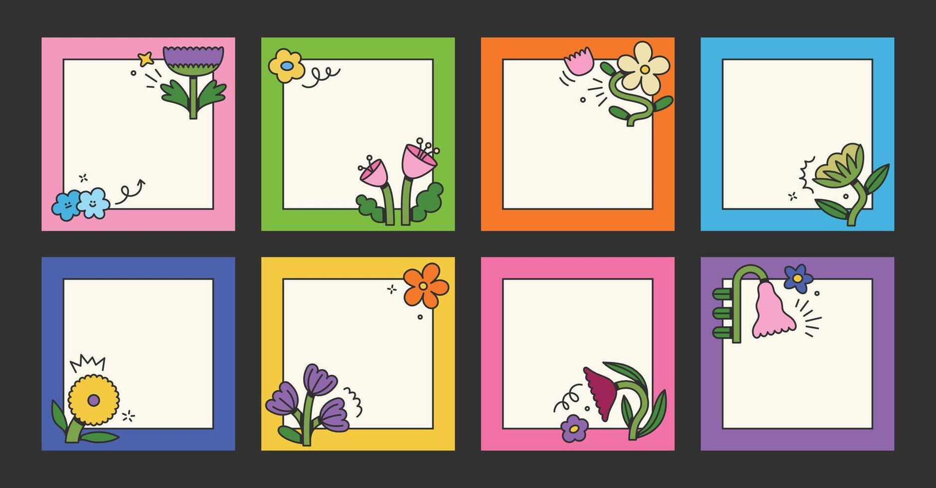 Post templates with stylized floral elements. Groovy flat design, colorful posters. Rewilding retro design vector