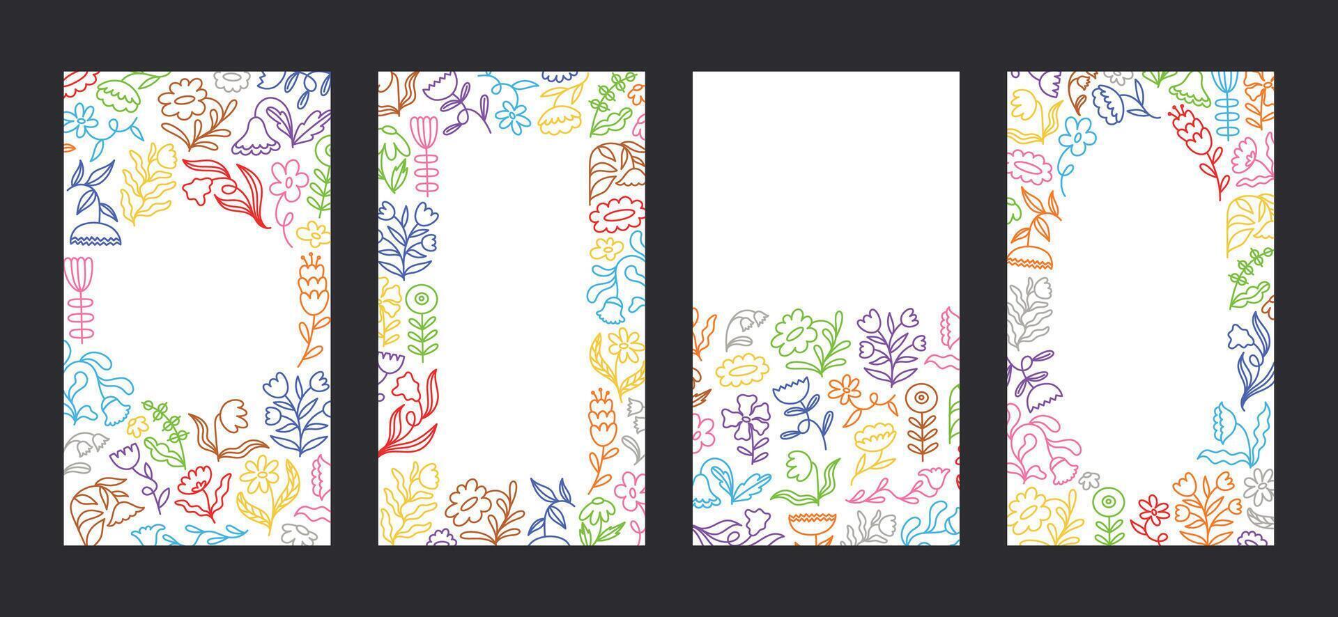 Stories template with linear art floral elements. Groovy flat design, colorful posters. Rewilding retro design vector