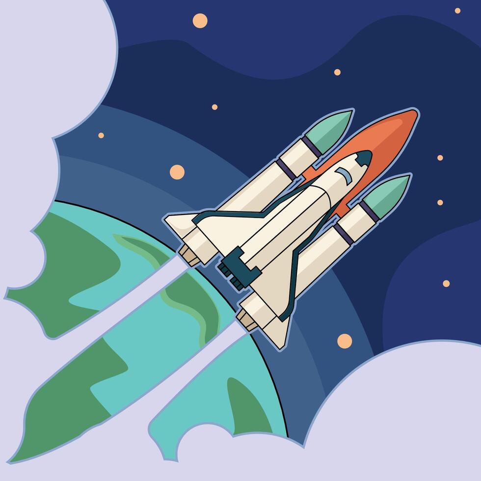rocket launch into space illustration template graphic design . outer space exploration with stars and earth for astronomy and science technology idea concept with backgrounds in flat style vector