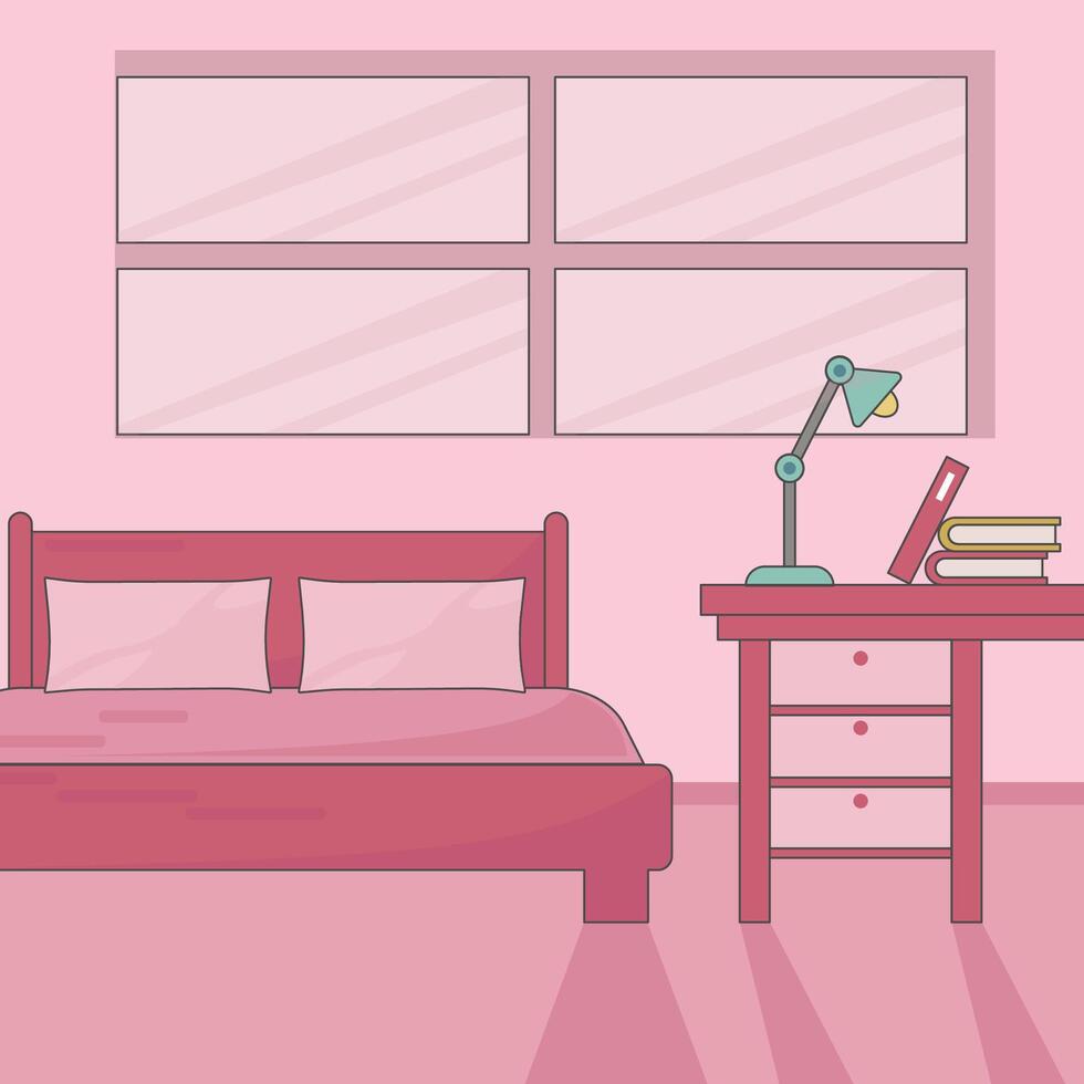 bedroom with pink color illustration template graphic design . furniture 2d simple cartoon interior with study desk , mattress and window for decoration house concept vector