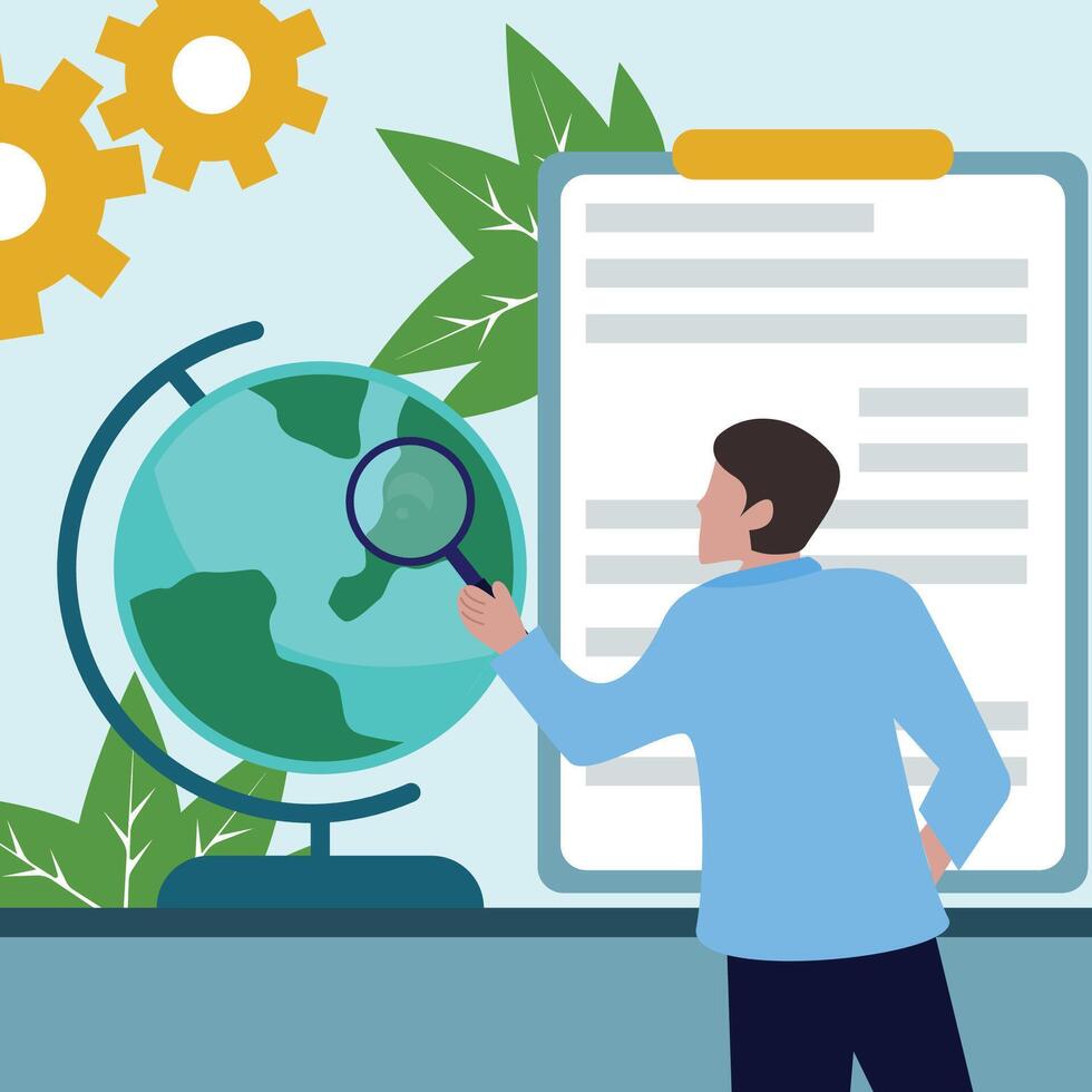 sociologists research society illustration template graphic design. analyze charts of sociological report and location on globe with luv at cartoon concept with background in flat style vector