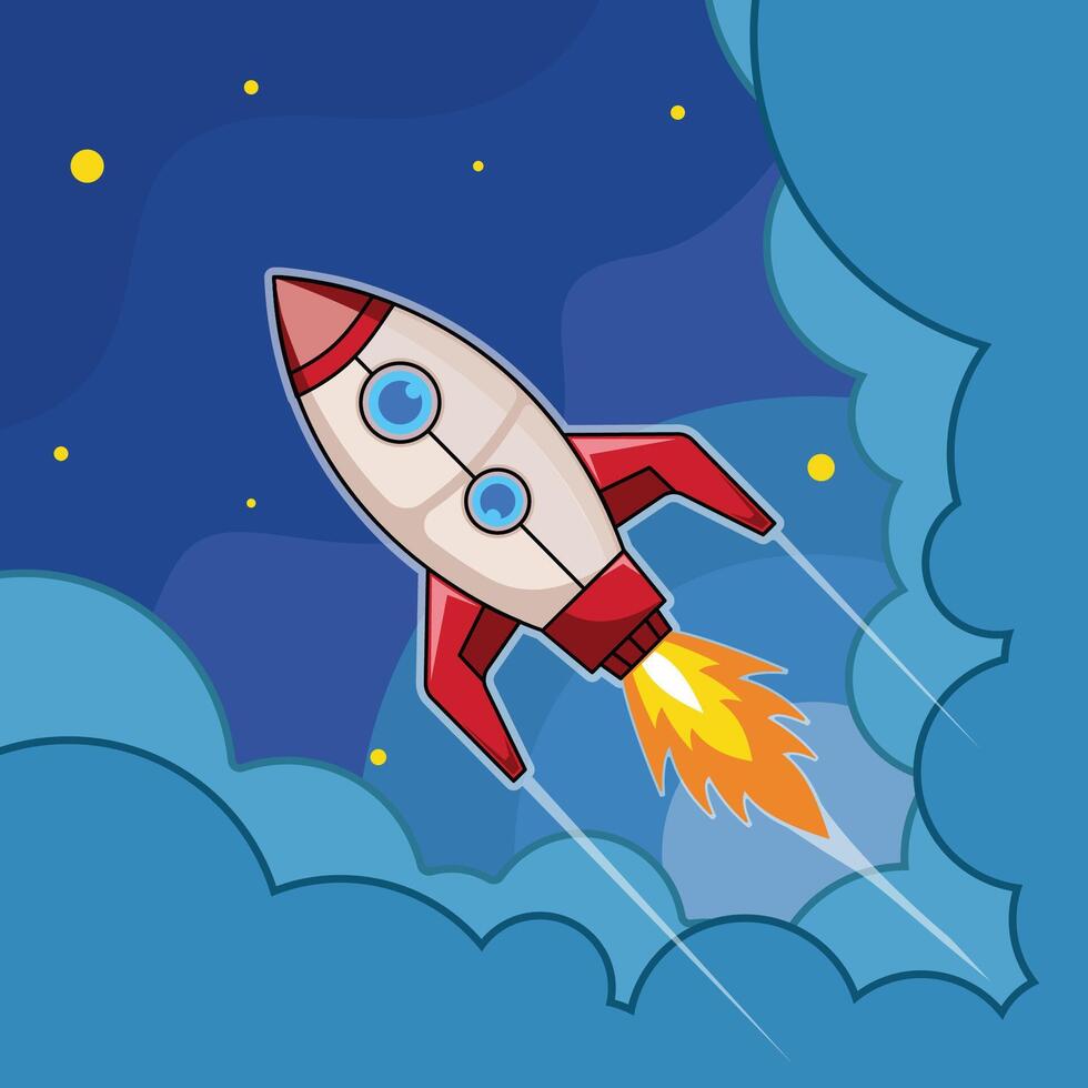 rocket launch into space illustration template graphic design . outer space exploration with stars and cloud sky for astronomy and science technology idea concept with backgrounds in flat style vector