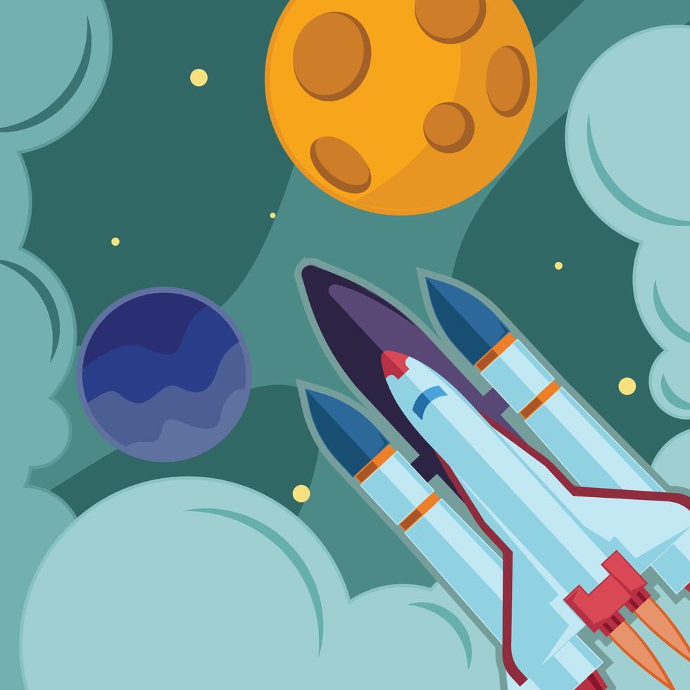rocket launch into space illustration template graphic design . outer space exploration with stars and moon planet for astronomy and science technology idea with backgrounds in flat style vector