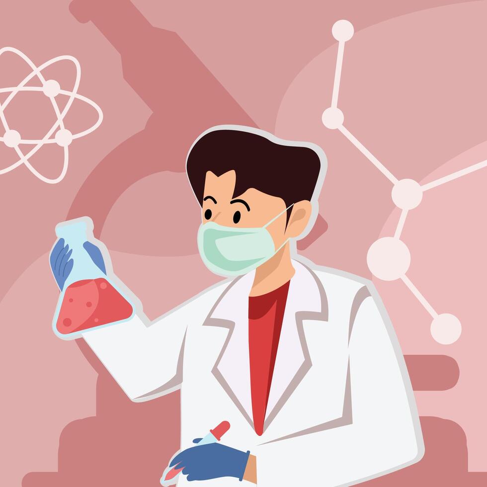 Man in white coat research laboratory bottle illustration graphic design . scientist working in laboratory with a poison at cartoon concept with background in flat style vector