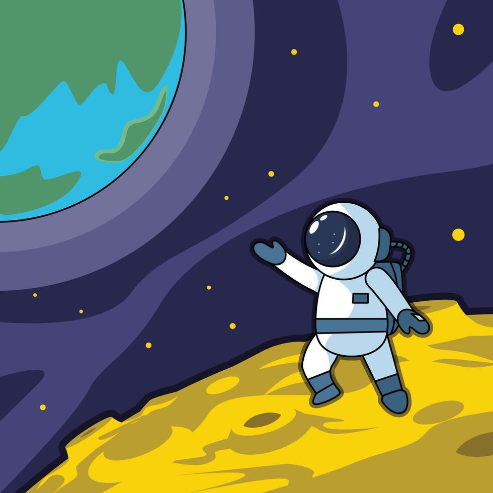 astronaut at moon and miss earth illustration template graphic design . outer space exploration with stars and planet for astronomy and science technology idea with backgrounds in flat style vector