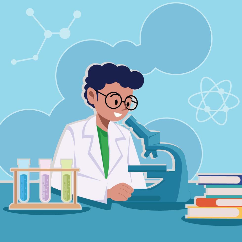 scientist man use microscopes illustration template graphic design . science at modern laboratory cartoon character concept with background in flat style vector