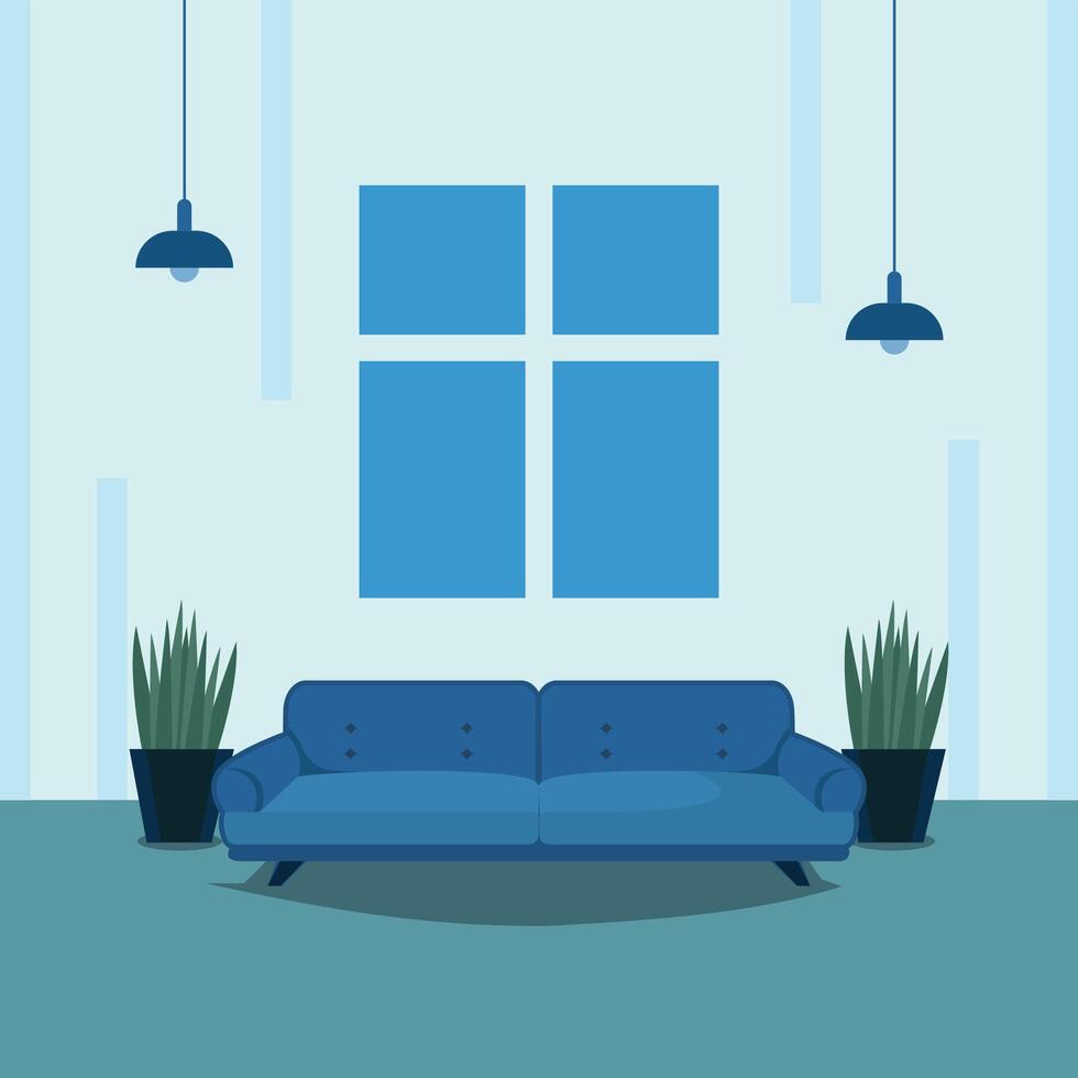 living room illustration template graphic design . furniture 2d simple cartoon interior with sofa window and plant's pot for apartment concept on backgrounds vector
