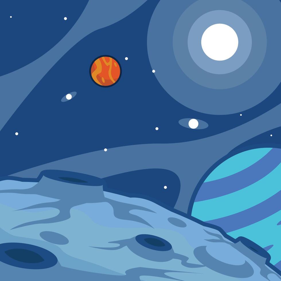 moon surface landscape view illustration template graphic design. outer space exploration with stars and planet for astronomy and science technology idea with backgrounds in flat style vector