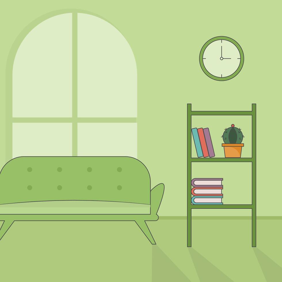 living room illustration template graphic design . furniture 2d simple cartoon interior with sofa , bookcase and window for apartment concept on backgrounds in flat style vector
