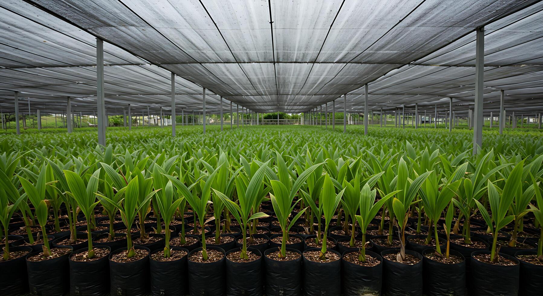 Green Seedlings Growing Under Shaded Structure in a Nursery Environment photo