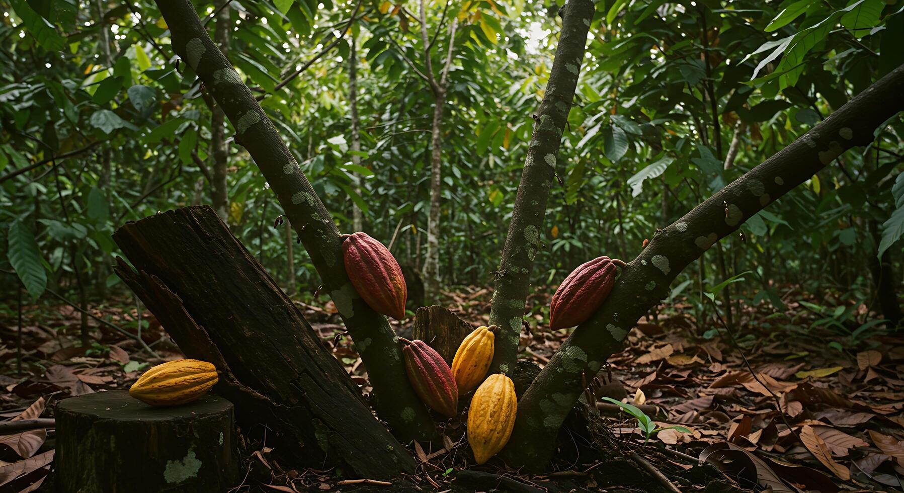 Cocoa Pods Growing on a Tree in a Lush Forest Setting photo
