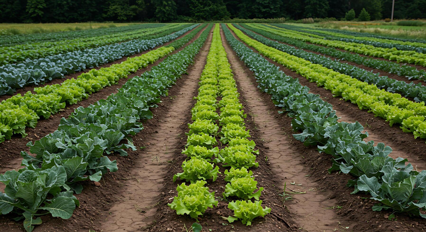 Rows of Fresh Green Vegetables Growing in a Large Agricultural Field photo