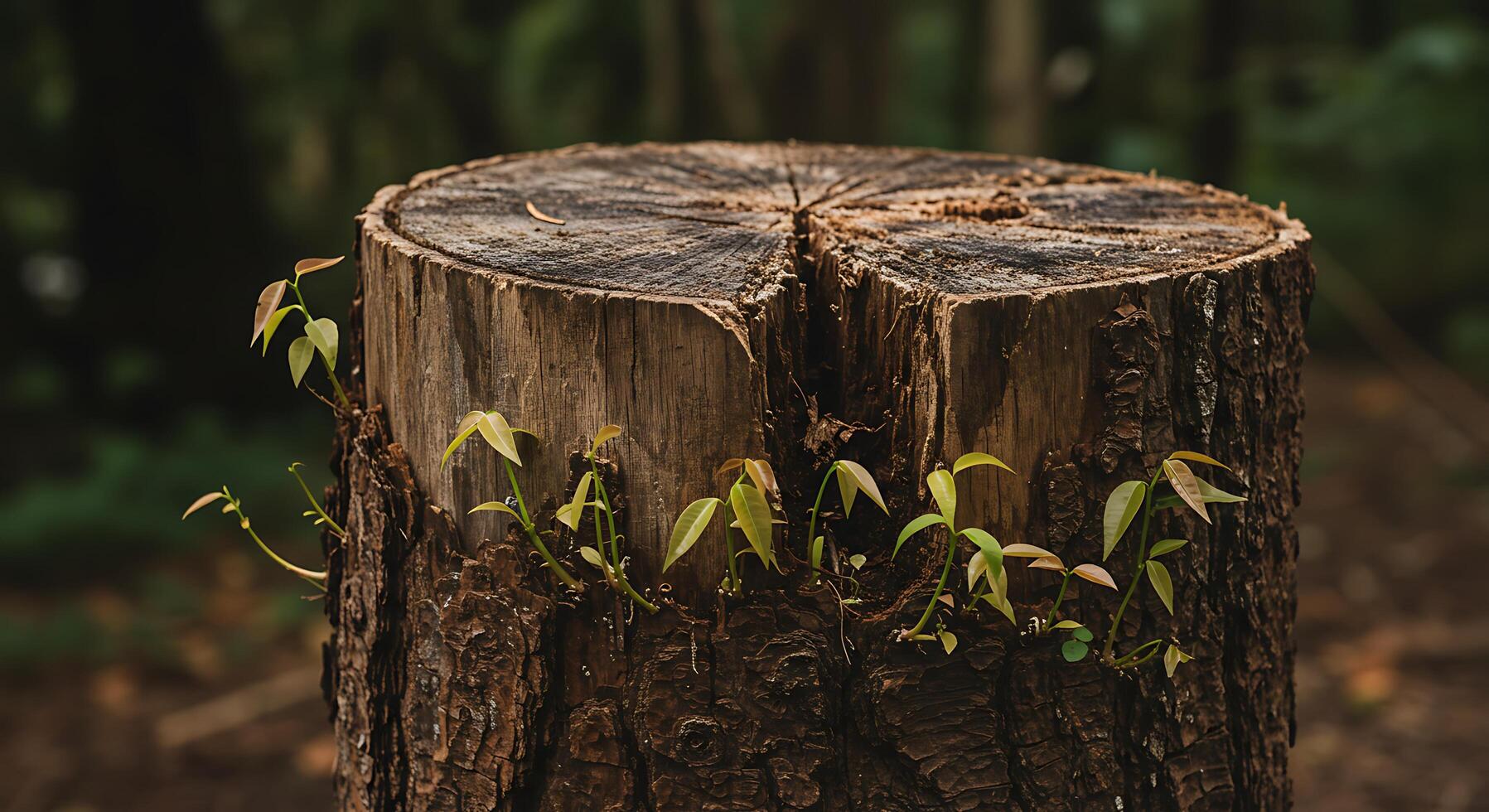 Tree Stump with New Growth of Green Plants in Nature photo