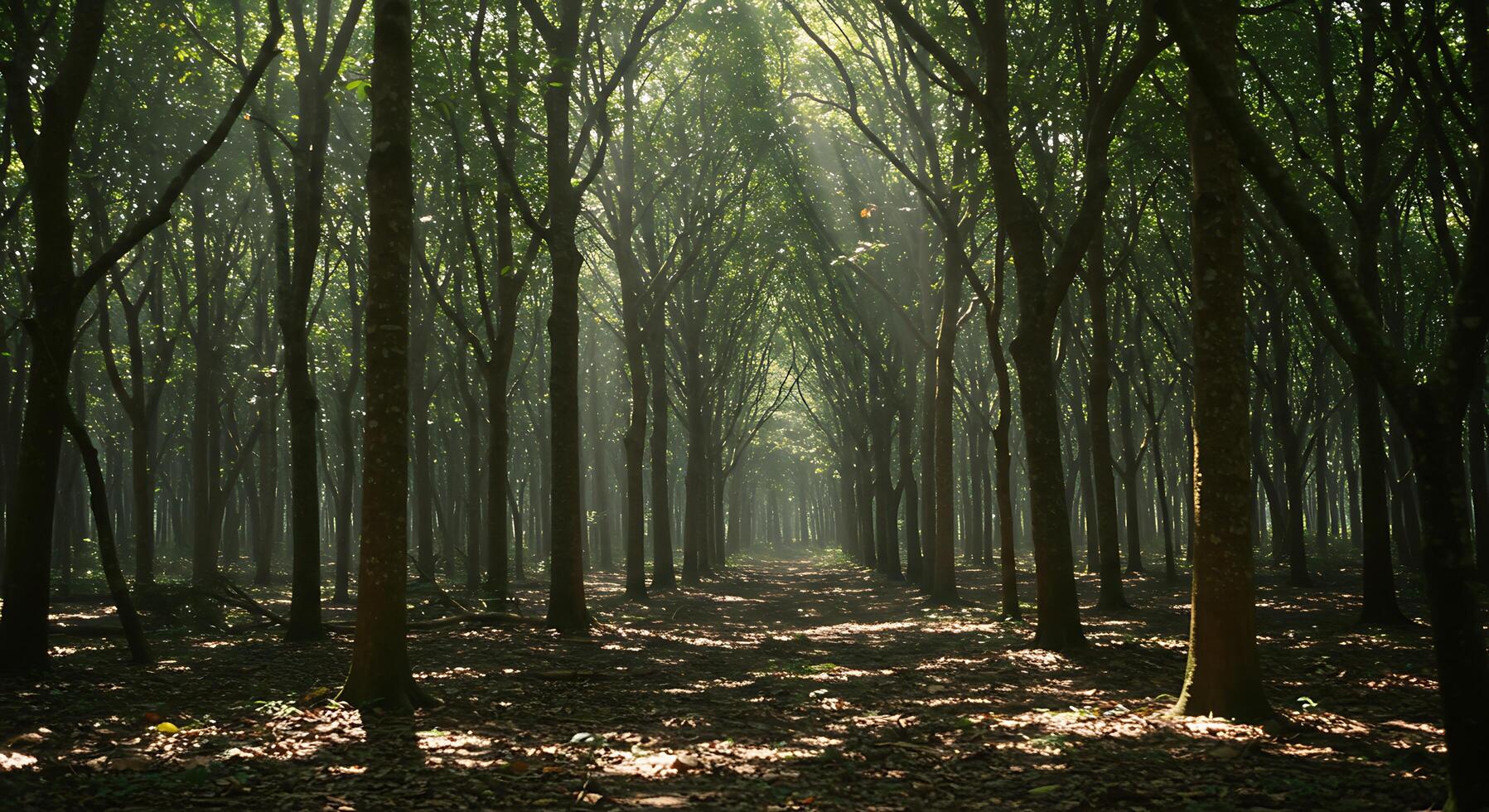 Forest Path Scene with Tall Trees and Sunbeams Creating a Natural Landscape photo