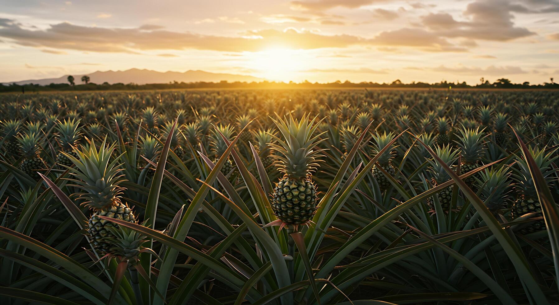 Pineapple Field at Sunset with Golden Light and Tropical Agriculture Scene photo