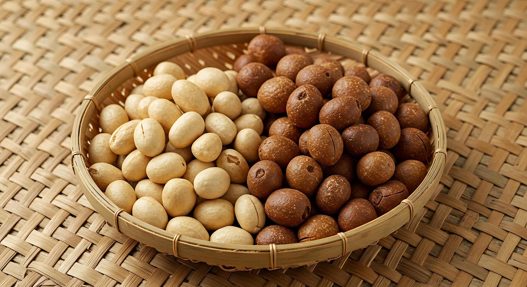 Assortment of Roasted Nuts in Woven Basket on a Rustic Background photo