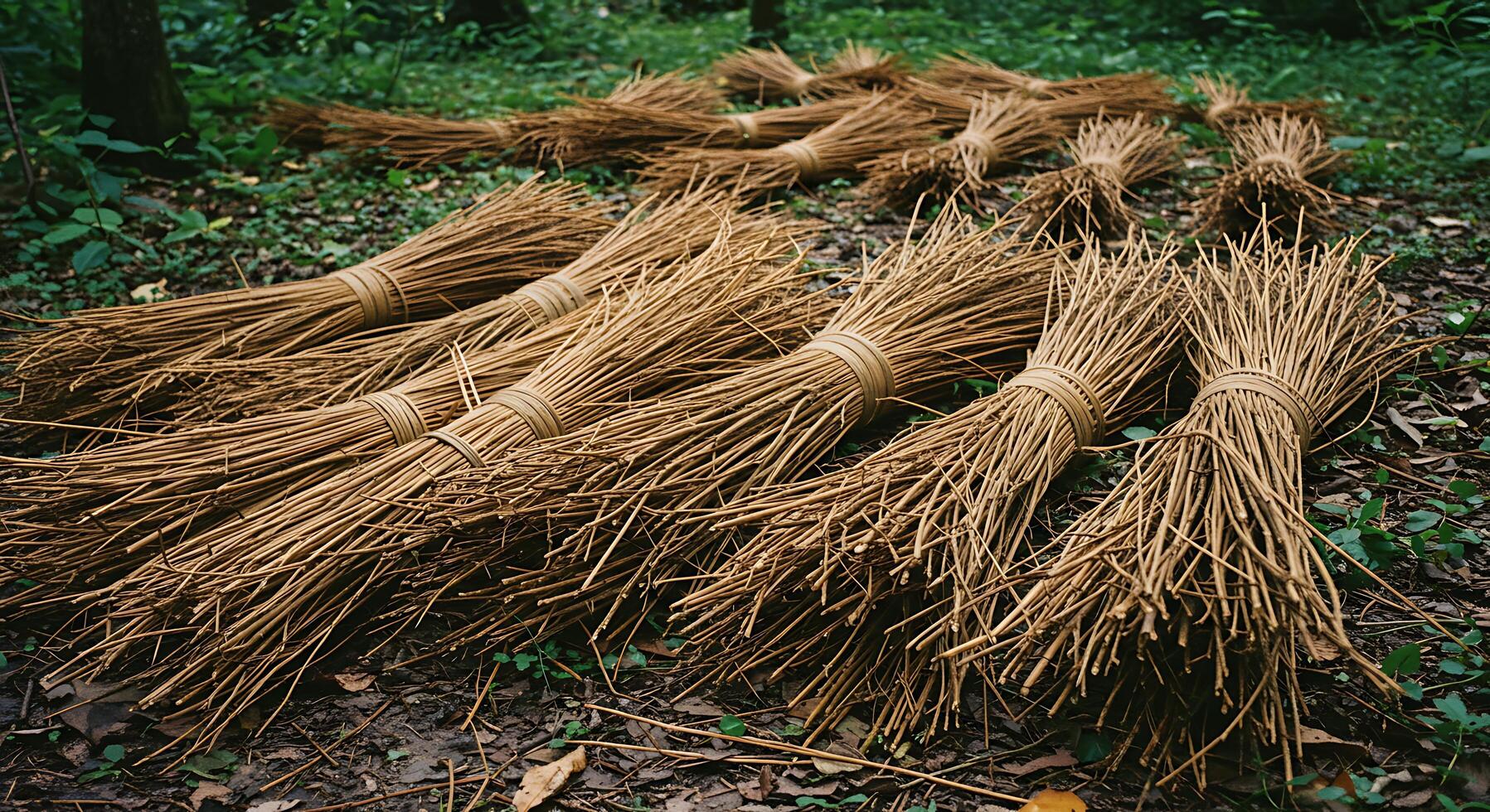 Bundles of Natural Materials on Forest Floor with Gathered Branches and Twigs photo