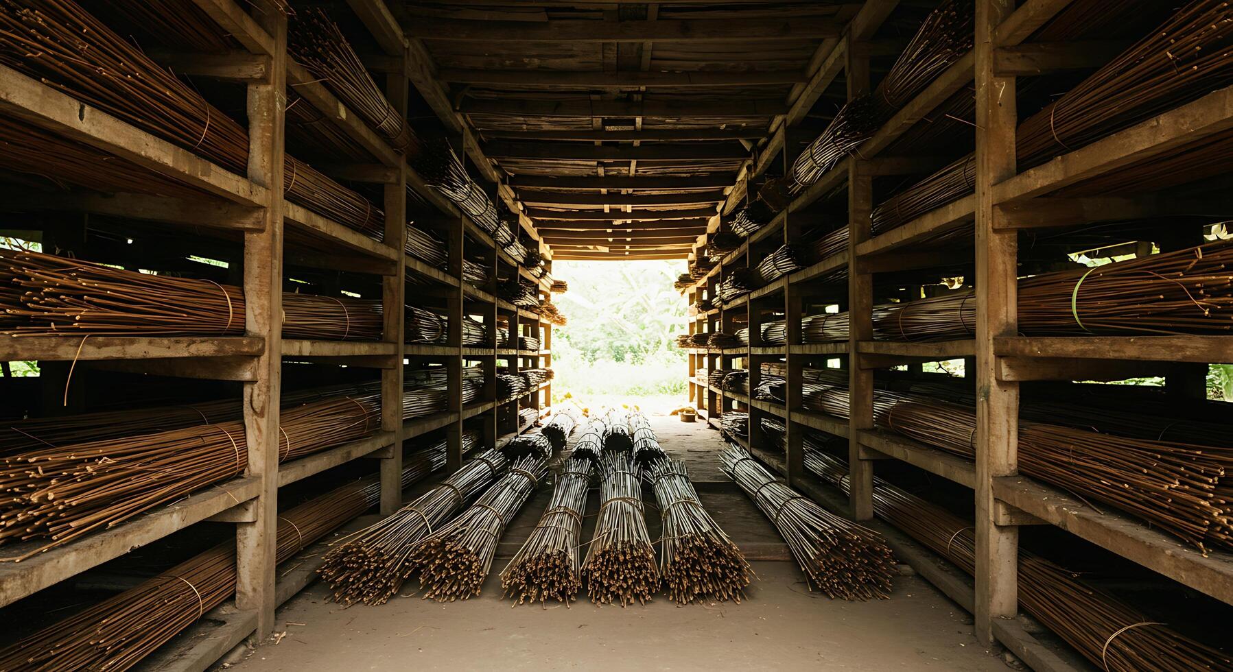 Bundled Wood Stored Inside a Rustic Wooden Building with Natural Light photo