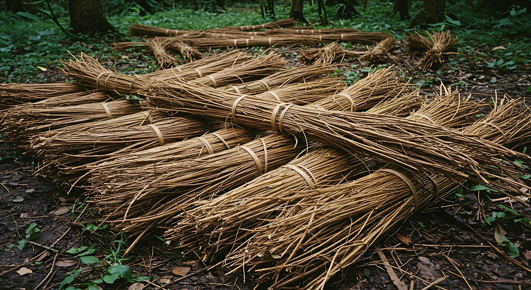 Bundles of Dried Twigs Tied Together Lying on the Forest Ground Naturally photo