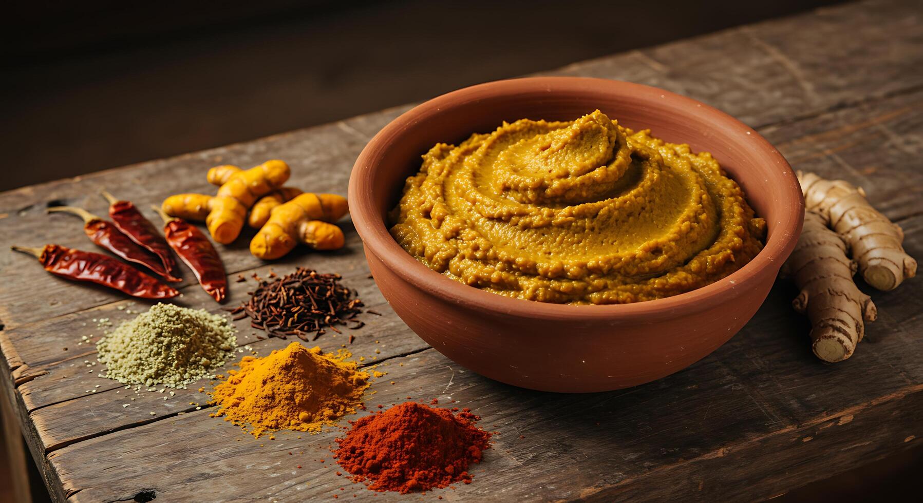Arrangement of Spices and Paste in Rustic Setting for Cooking and Flavoring Food photo