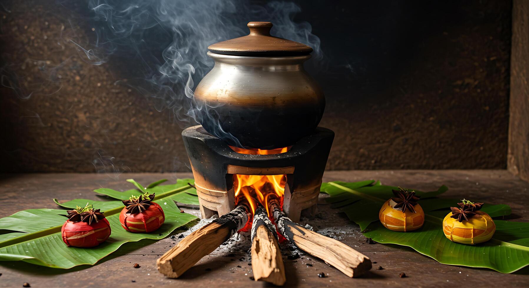 Cooking Pot on Fireplace with Food Decorations and Green Banana Leaves photo